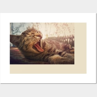 striped cat yawning Posters and Art